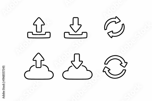 Set of cloud upload download and sync icons in black outline