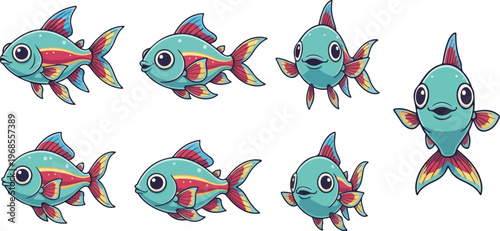 vector illustration of tetra fish funny cute cartoon mascot character cartoon with 7 poses