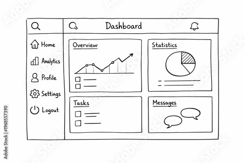 Hand-drawn dashboard interface with analytics icons and graphical elements