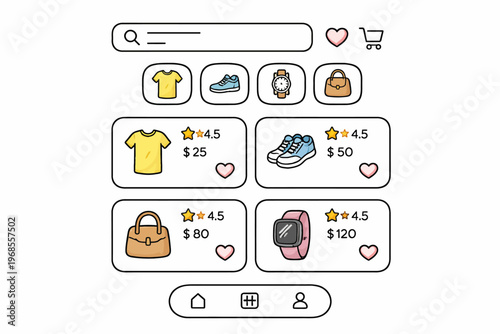 Online shopping interface with clothing, shoes, accessories, and ratings