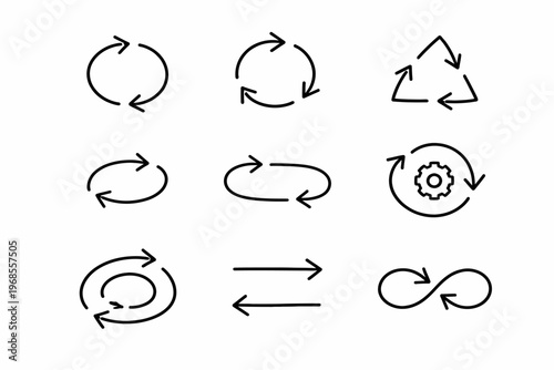 Set of hand-drawn circular arrows and symbols for recycling and process cycles