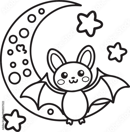 Cute cartoon bat sitting on moon with stars, outline illustration for halloween, simple drawing, kids coloring page