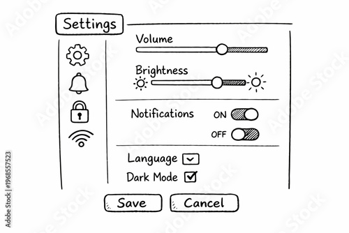 Hand-drawn settings menu with volume and brightness sliders