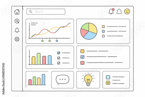 Data dashboard with interactive charts, graphs, and icons