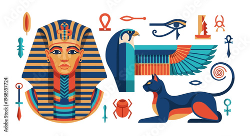 Ancient Egyptian Symbols Collection: Pharaoh Mask, Horus Falcon, Bastet Cat, Eye of Horus, Scarab and Ankh Icons in Flat Geometric Vector Style