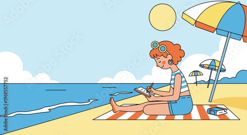Woman journaling on beach under umbrella summer vacation lifestyle flat illustration