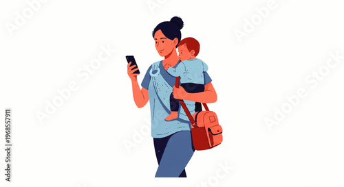 Vector flat design illustration of a mother carrying her child while using a smartphone with a diaper bag