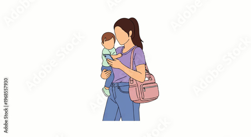 Vector flat design illustration of a mother holding her baby while checking her smartphone, with a stylish bag