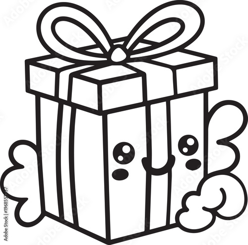Cute cartoon gift box with happy face and decorative elements, birthday present coloring book page