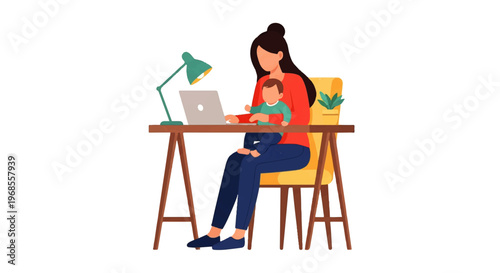 Vector flat design illustration of a mother working on a laptop while holding her baby, balancing work and family life
