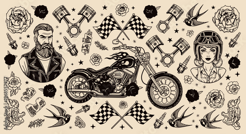 Vintage Biker Tattoo Flash Sheet with Custom Chopper Motorcycle, Bearded Man, Biker Woman, Red Roses, Pistons, and Racing Flags Illustration