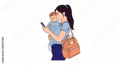 Vector flat design illustration of a mother holding her baby while checking her smartphone, carrying a diaper bag