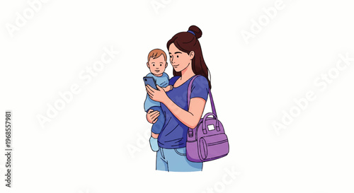 Vector flat design illustration of a mother holding her baby and looking at her smartphone with a purple diaper bag