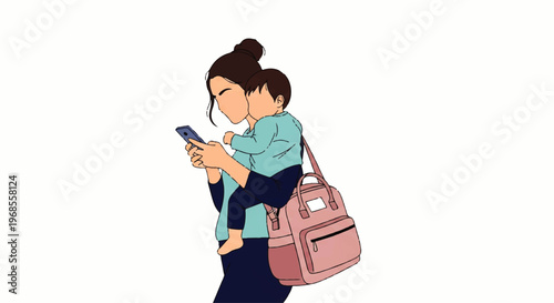 Vector flat design illustration of a mother holding her child and checking her smartphone, carrying a diaper bag