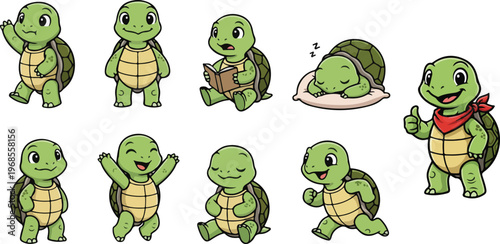 vector illustration of turtle funny cute cartoon mascot character cartoon with 10 poses 02