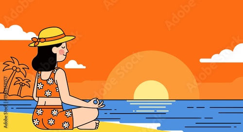 Woman meditating on beach with sunset view summer relaxation flat illustration