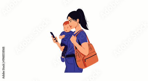 Vector flat design illustration of a mother holding her baby and using a smartphone, carrying a bag
