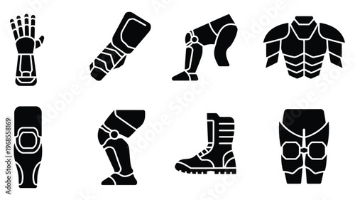 Medieval armor silhouette pack including glove, arm, shoulder, knee, and leg guards, rank titles visualization, performance levels, tier progression, achievement badges, status icons, fantasy RPG user