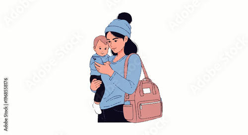 Vector flat design illustration of a caring mother holding her baby and looking at her smartphone, with a stylish bag