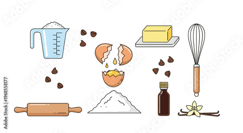 An illustrated collection of baking ingredients and tools, including flour, eggs, butter, and a whisk, is arranged on a white background.