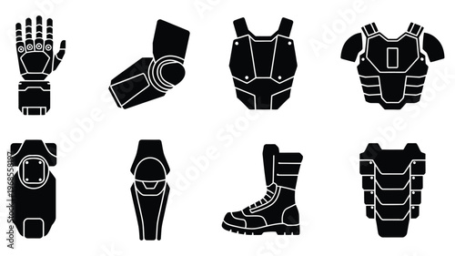 Medieval armor silhouette set with detailed glove, arm, shoulder, knee, and leg guards, rank titles system, hierarchy levels, achievement tiers, status indicators, performance ranks, fantasy warrior 