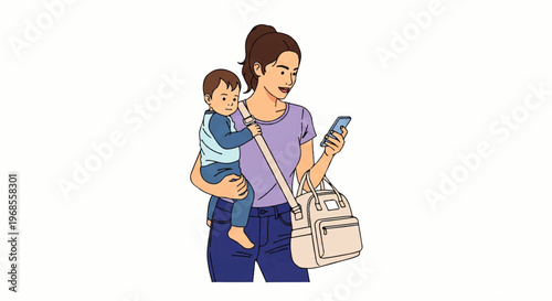 Vector flat design illustration of a mother holding her baby in a carrier while checking her smartphone and carrying