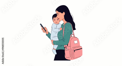Vector flat design illustration of a mother holding her baby and checking her smartphone while wearing a backpack