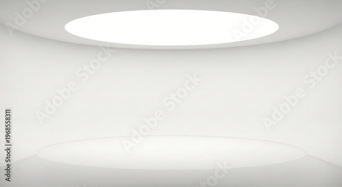 A bright and modern interior space with a circular skylight and white walls