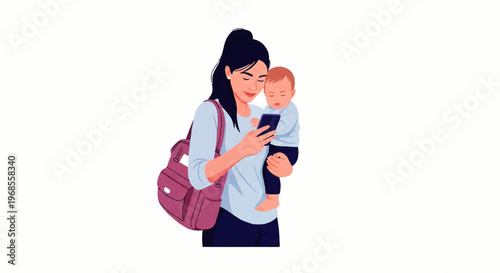 Vector flat design illustration of a mother holding her baby and looking at her smartphone with a bag over her shoulder