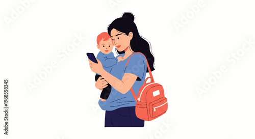 Vector flat design illustration of a mother holding her baby and checking her smartphone while wearing a backpack