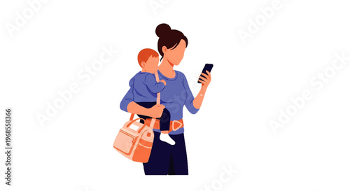 Vector flat design illustration of a mother with baby carrier using smartphone, modern parenting lifestyle concept