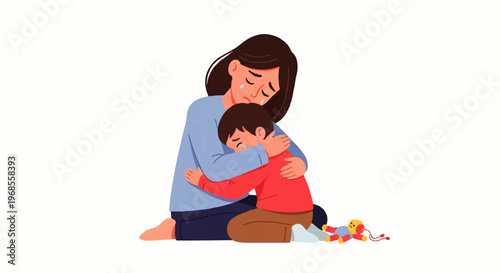 Vector flat design illustration of a mother comforting her sad child, showing empathy and support in a moment