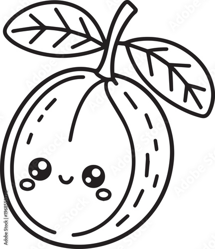 Cute cartoon plum fruit with leaves, Kawaii style, line drawing, simple vector art