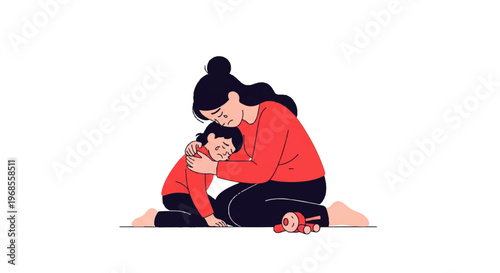 Vector flat design illustration of a caring mother comforting her sad child with a gentle hug, conveying love