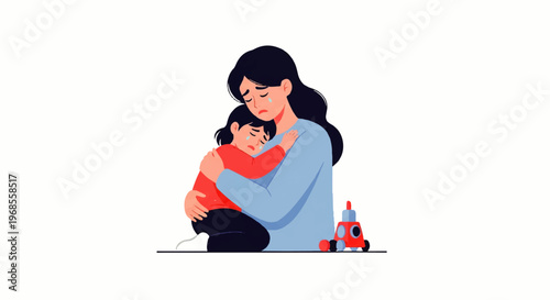 Vector flat design illustration of a mother tenderly holding her sad child, conveying love and comfort with a toy nearby