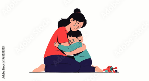 Vector flat design illustration of a mother comforting her crying child with a warm hug, showing love and support
