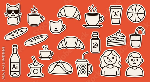Set of Cute Cafe and Lifestyle Cartoon Stickers Featuring Coffee, Croissants, Cats, and People in Flat Line Art Style