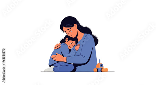 Vector flat design illustration of a caring mother comforting her sad child with a hug, conveying love and support