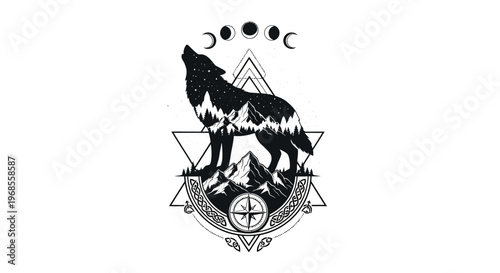Mystical Wolf Howling Silhouette with Mountain Forest Double Exposure, Moon Phases, Geometric Shapes and Compass Rose Vector Illustration for Tattoo and T-shirt Design