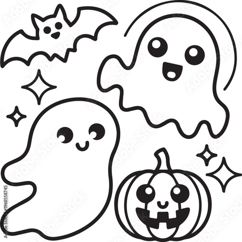 Cute flying ghost bat and two pumpkins with stars halloween elements isolated on transparent background vector illustration