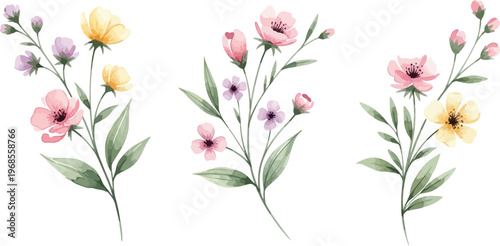 Three delicate watercolor flower bouquets featuring pink, yellow, and purple blossoms with green leaves, isolated on a white background, perfect for spring designs.