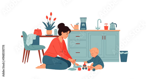 Vector flat design illustration of a mother and baby playing with toys in a bright, modern kitchen setting