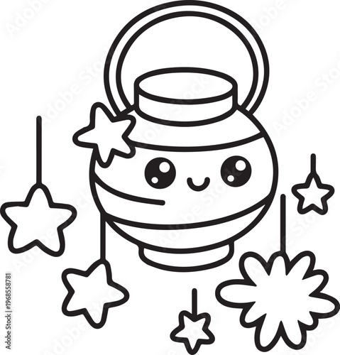 Cute lantern with happy face and hanging stars, festive decoration line art illustration for design
