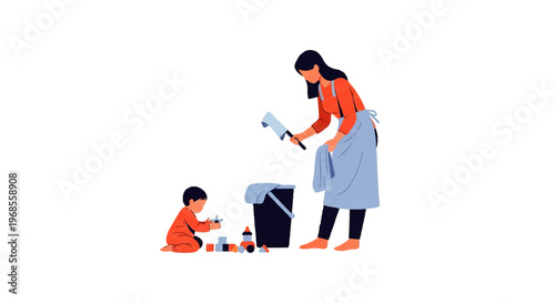Vector flat design illustration of a mother cleaning up toys with her child playing nearby
