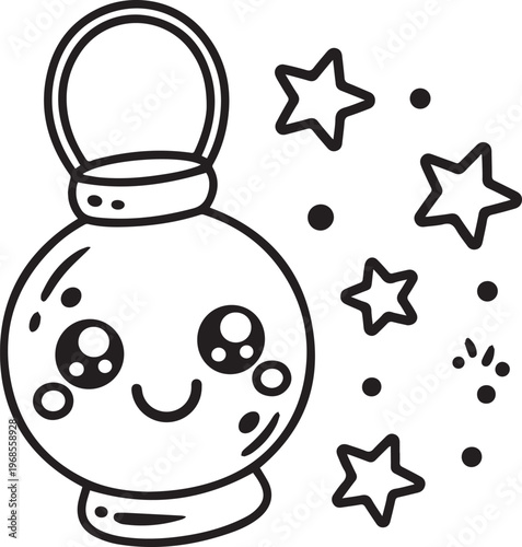 Cute lantern with happy face, stars and dots, festive decoration line art illustration for design