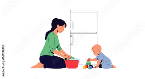 Vector flat design illustration of a mother washing dishes while her baby plays with toys near a washing machine