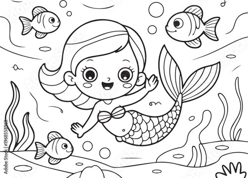 Cute mermaid swimming with fish and seaweed, underwater cartoon line art illustration for design