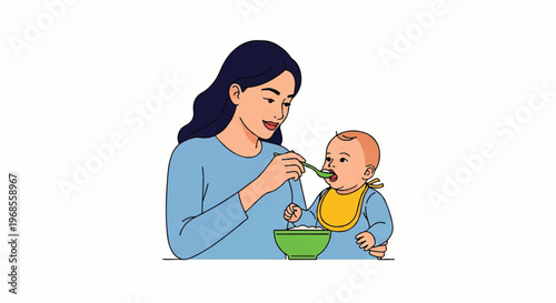 Vector flat design illustration of a caring mother feeding her baby with a spoon, a sweet moment of nurturing