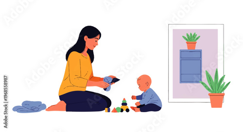 Vector flat design illustration of a mother playing with her baby on the floor with toys, creating a warm family moment