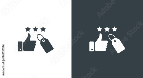 Vector graphic illustration depicting a customer satisfaction concept with a thumbs-up gesture, three stars, and a price tag symbol.